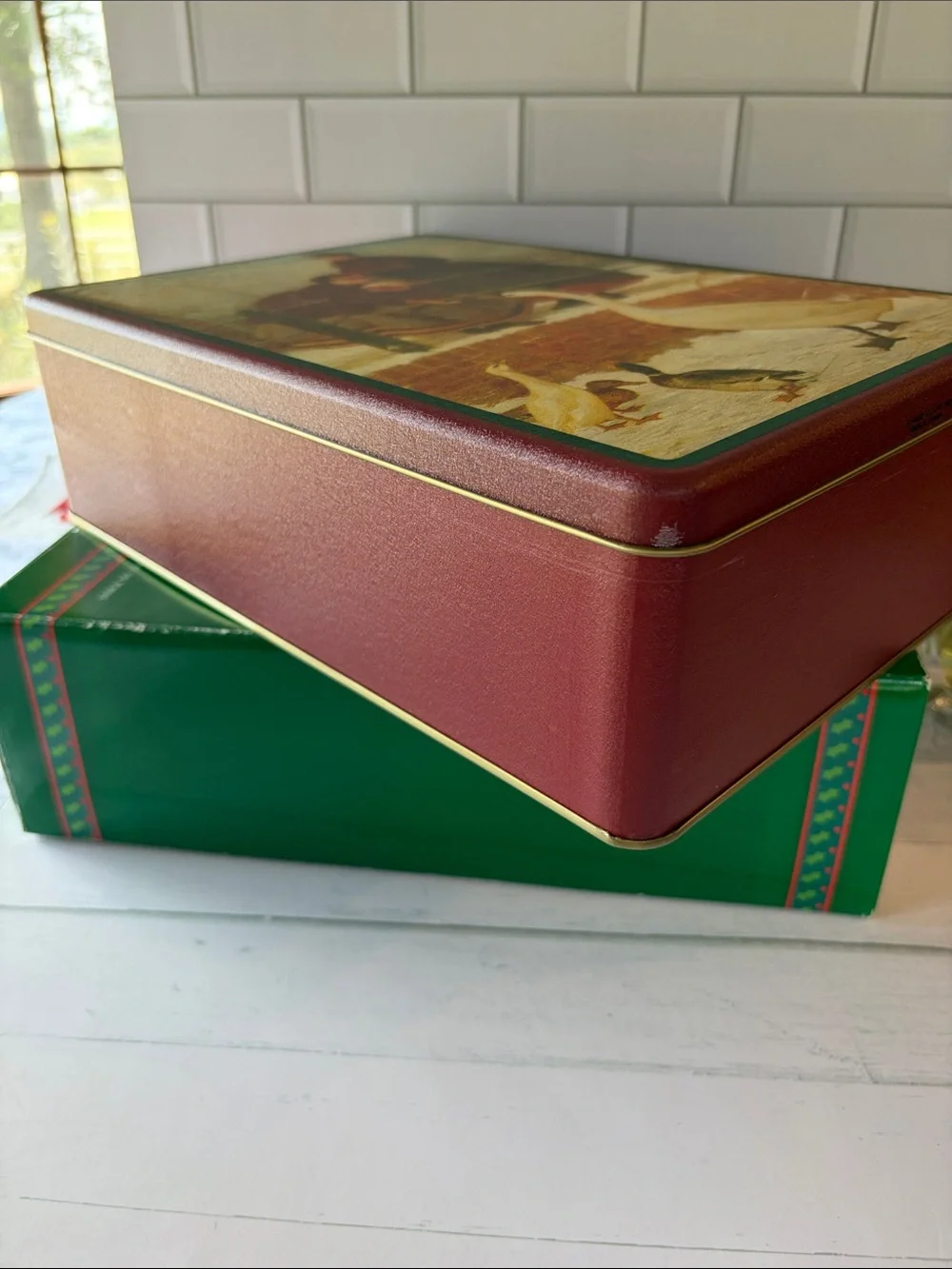 Vintage Swan Scene Decorative Tins- Red Trim
